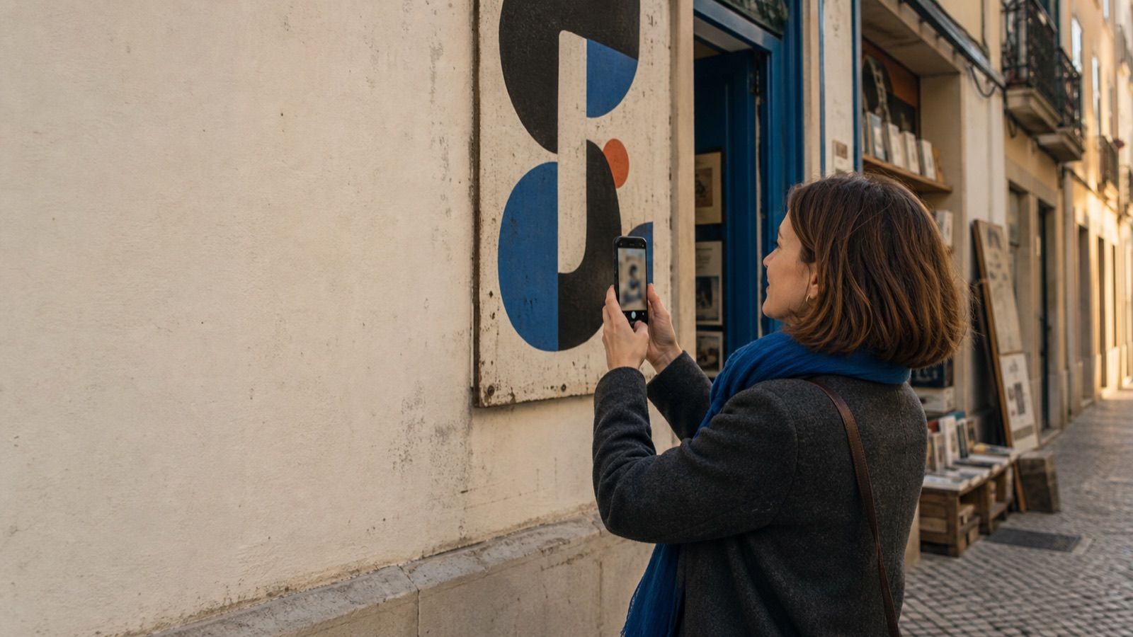 Woman photographing a large painted letterform on a city wall with her phone