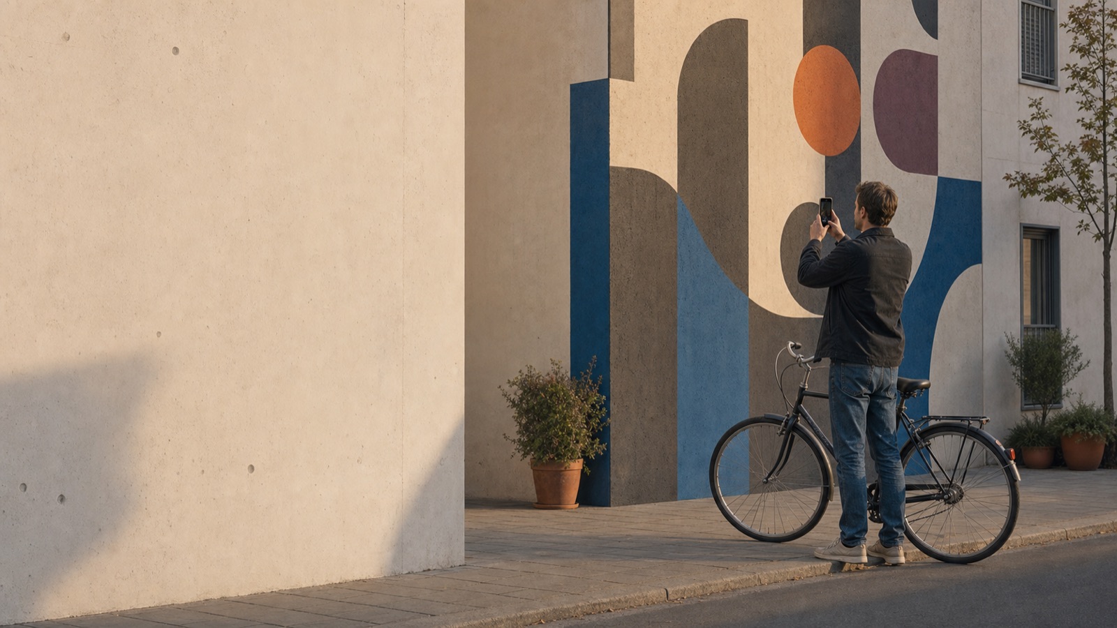 A man with a bicycle photographing a painted lettering mural with his phone