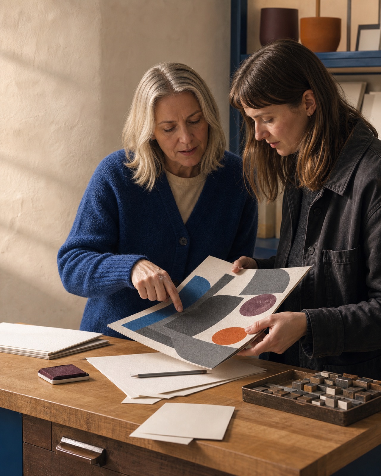 Two women reviewing a printed type specimen together at a workshop table