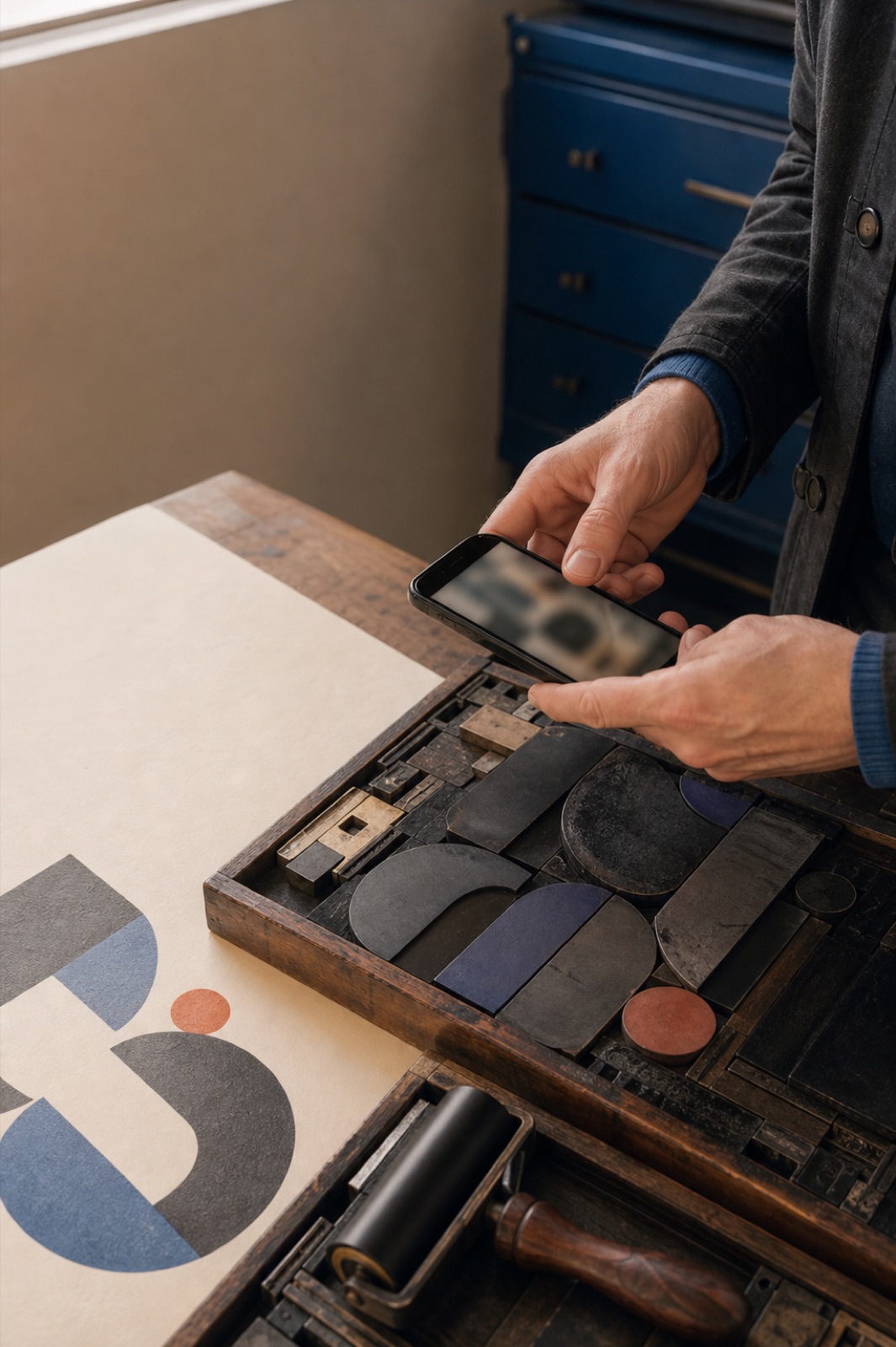 Hands photographing a tray of wooden type pieces next to a printed poster