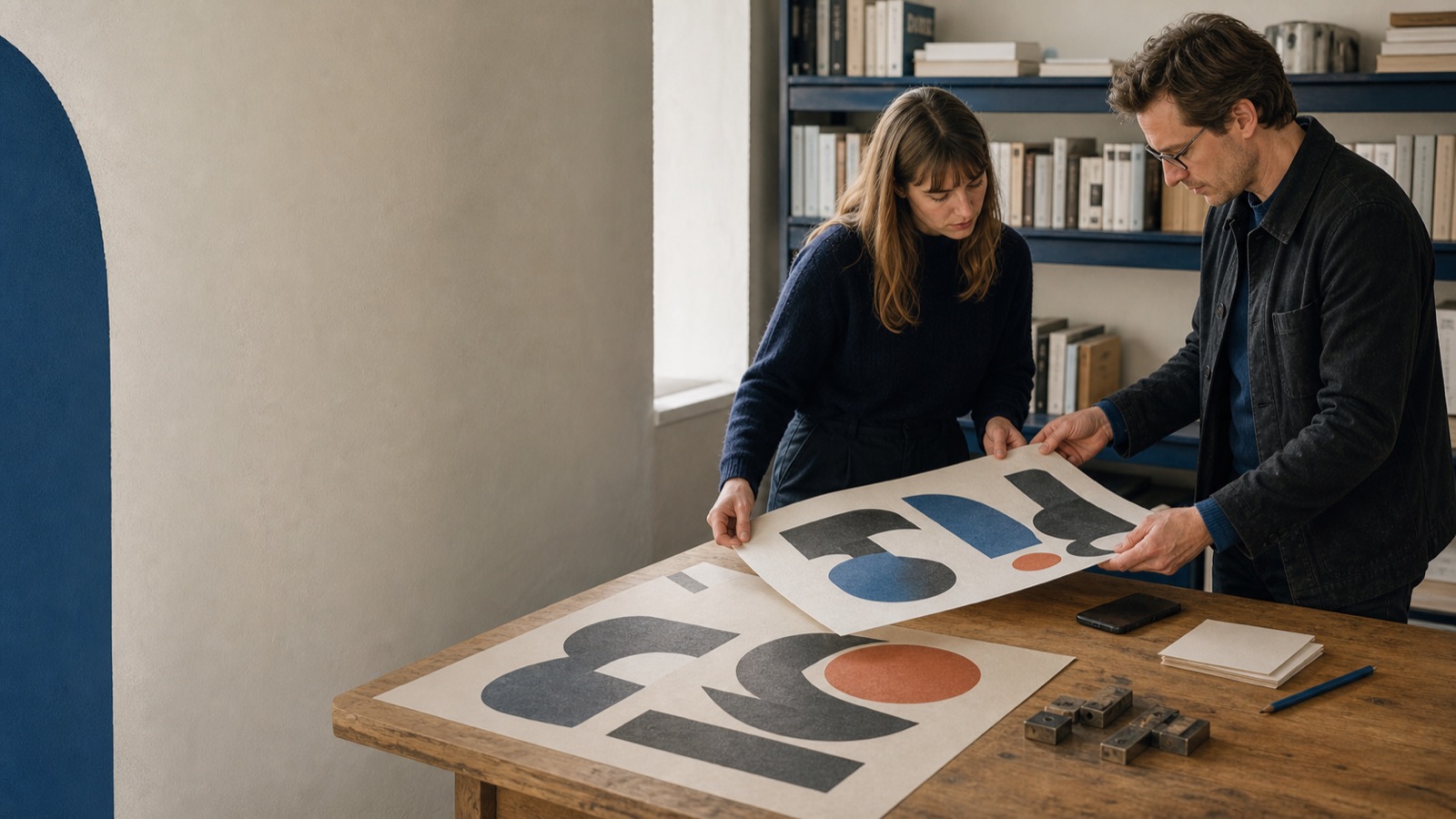 Two designers comparing large printed letterform posters on a table