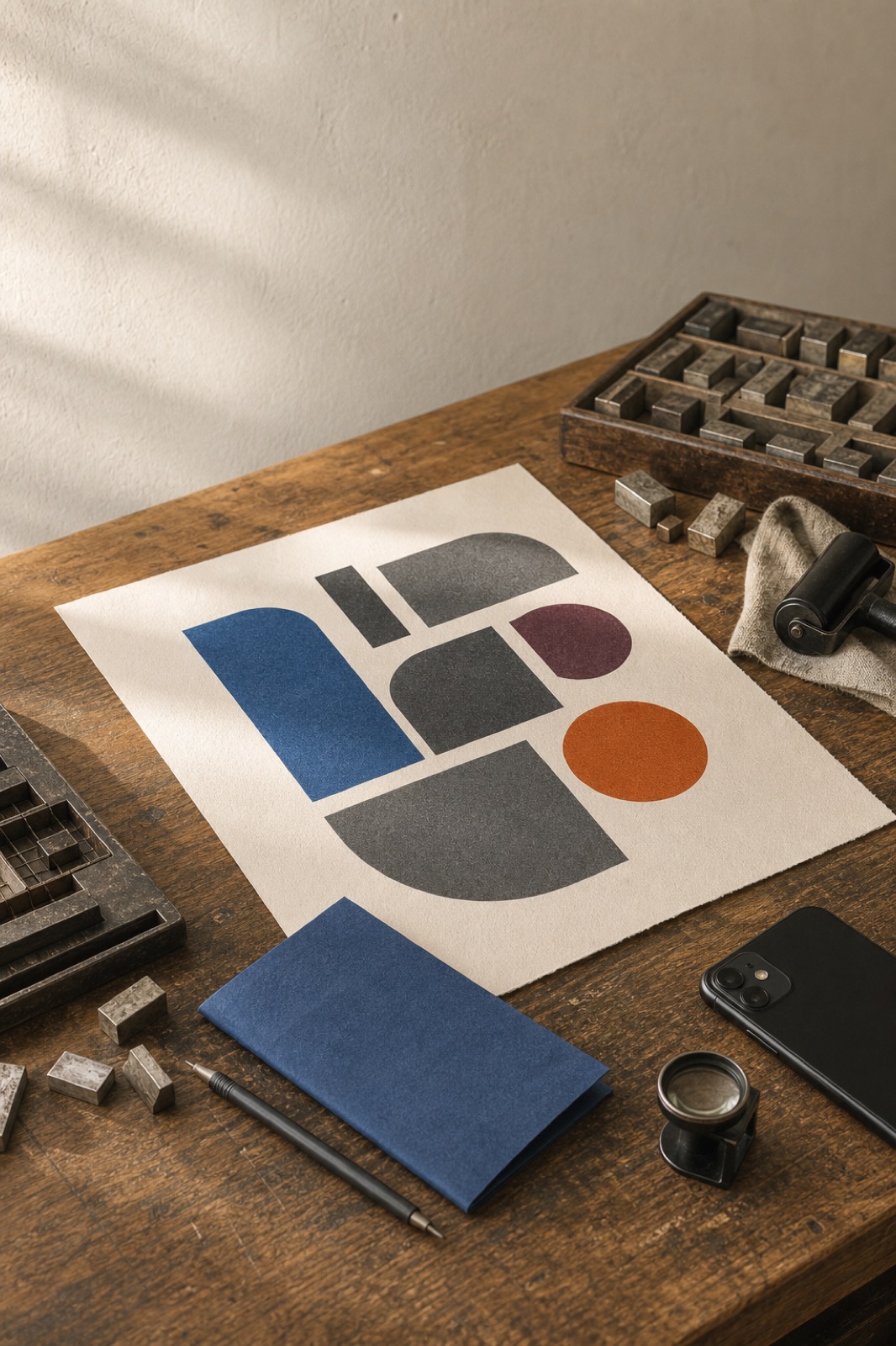 A printed geometric type poster on a wooden desk with a phone and loupe